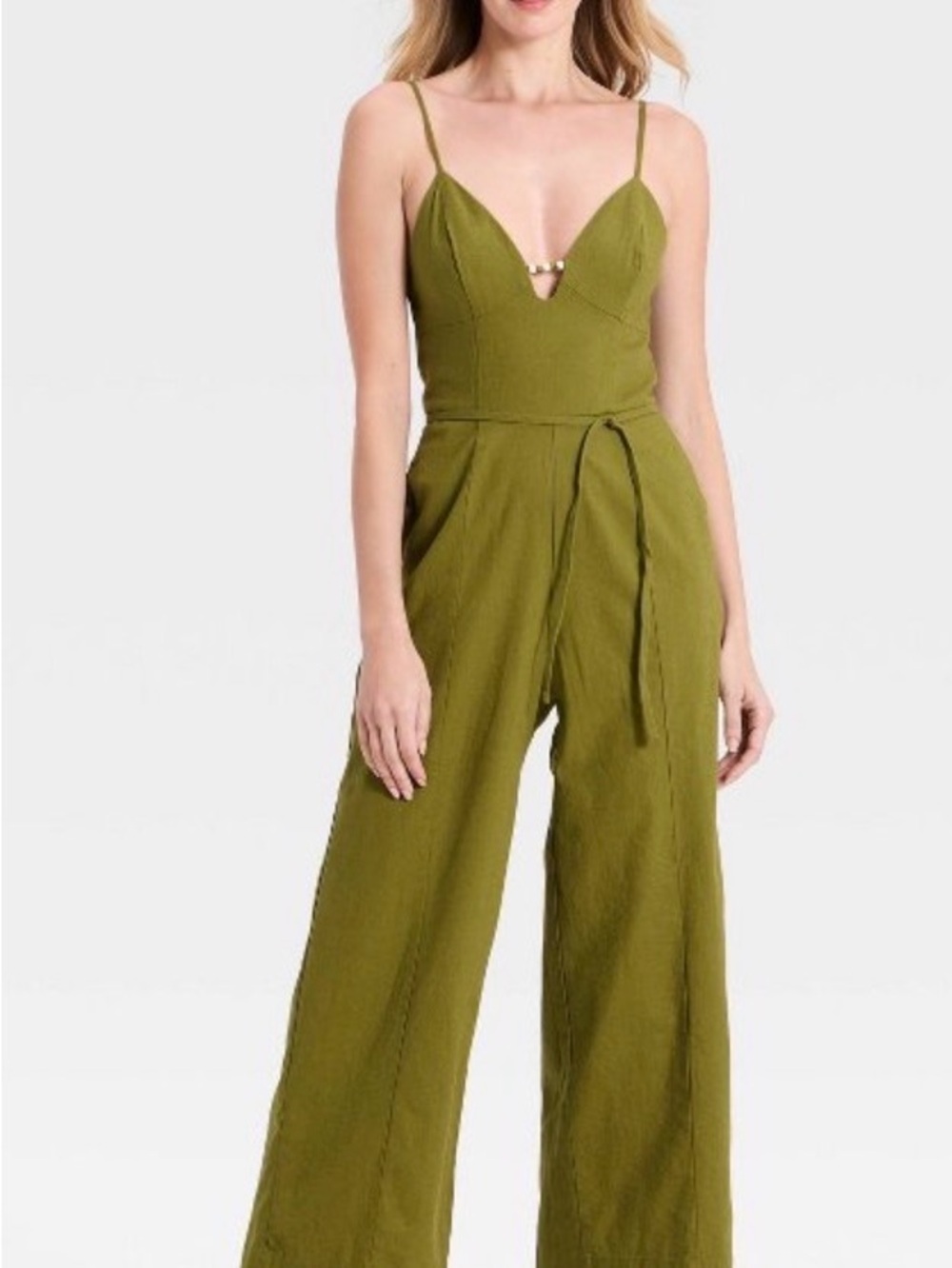 Olive Green linen Spaghetti-Strap Wide-Leg Jumpsuit